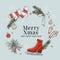 Merry Christmas party preparation, winter holidays mittens, gloves, skate, fir branch, pine tree, bow, baubles illustration in