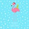 Merry Christmas. Pink flamingo with wing holding fir tree. Santa Claus hat. Exotic tropical bird. Zoo animal collection. Cute cart