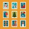 Merry christmas postage stamps set, snowman, candy cane, tree, santa and more