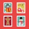 Merry christmas postal stamps set, gift, mittens, snowman and gingerbread man