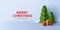 Merry Christmas postcard with 3d stylized Cristmas Tree and gift boxes with snow, render cartoon composition