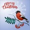 Merry christmas postcard. Bullfinch on a branch with christmas decorations
