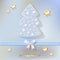 Merry Christmas postcard with Christmas tree gold baby blue on a light blue bokeh background.