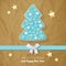 Merry Christmas postcard with Christmas tree gold turquoise on a crumpled paper brown background.