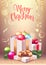 Merry Christmas postcard, decorative colorful balls, gift boxes, vector illustration