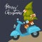 Merry Christmas postcard moped carrying gifts and Xmas tree
