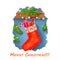 Merry Christmas postcard with stocks stockings full of candies and presents gift boxes. Digital art illustration of sock on wall,