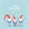 Merry Christmas Postcard. Three Vector Christmas Cute Gnomes with Red Caps in Flat Style