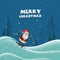 Merry Christmas Poster Design With Santa Claus Skiing And Xmas Trees On Snowfall Blue