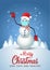 Merry Christmas poster.snowman wearing medical mask and Santa hat. Vector illustration