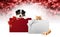 Merry christmas, puppy dog and cat pets together showing gift greeting card isolated on blurred red lights and white background,