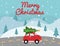 Merry Christmas red car with xmas tree on the top. Christmas card with winter landscape, road, retro pickup, xmas tree. Bright hol