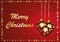 Merry Christmas. Red and gold starry background with christmas baubles. Vector illustration backdrop.