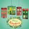 Merry Christmas retro card. Vintage cartoon city houses and wreath of christmas plants.