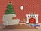 Merry Christmas room interior on a brick background with a fireplace, Christmas tree, couch, gift boxes, wall clock. Candles socks