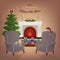 Merry Christmas room interior with a fireplace, Christmas tree, armchairs, colorful boxes with gifts. Candles, cat, Santas hat.