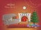 Merry Christmas room interior on a red background with a fireplace, Christmas tree, couch, gift boxes, wall clock. Candles socks