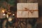 Merry Christmas rustic flat lay. Stylish christmas gift wrapped in craft paper, candle, scissors, fir branches on rustic wood.