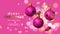 Merry Christmas sale banner with pink colorful baubles sparkle in blur bokeh effect pink background.