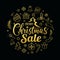 Merry Christmas sale message with icons golden circle shape on black background