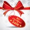 Merry Christmas Sale Red Gift card on grey snow background.