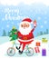 Merry Christmas. Santa Claus on bicycle with gifts .