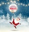 Merry Christmas. Santa Claus with Big transparent realistic balloon confetti in snow scene. Winter Christmas Woodland Landscape wi