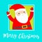 Merry Christmas. Santa Claus in the corner hands up. Costume, red hat, golden belt, beard. Cute cartoon kawaii funny baby