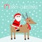 Merry christmas. Santa Claus. Cute cartoon deer with horns, red hat, scarf. Candy cane. Reindeeer head. Snowdrift. Blue winter sno