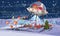 Merry Christmas Santa Claus flying in UFO spaceship flying saucer with gift boxes on little town winter night. Vector