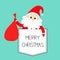 Merry Christmas. Santa Claus holding carrying sack gift bag. T-shirt pocket. Red hat, costume, big beard, golden belt. Cute