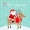 Merry christmas. Santa Claus holding gift bag. Cute cartoon deer horns, red hat, scarf. Candy cane. Reindeeer head. Snowdrift. Blu