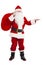 Merry Christmas Santa Claus holding gift bag and showing