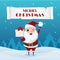 Merry christmas. Santa Claus holding gift box in snowy scene. Christmas and Happy New Year.