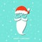 Merry Christmas. Santa Claus moustache, beard and glasses isolated on blue background.