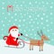 Merry christmas. Santa Claus Sleigh Deer with horns, red hat, scarf. Candy cane. Cute cartoon reindeeer head. Snowdrift. Blue wint