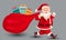 Merry christmas, santa claus walking with gift bag. vector illustration