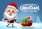 Merry christmas santa vector banner design. Merry christmas text with santa claus character pulling sleigh with colorful gift box.