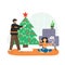 Merry Christmas scene. Happy couple decorating Christmas tree and having fun at home, flat vector illustration.