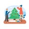 Merry Christmas scene. Happy couple decorating Christmas tree with toys and garland, flat vector illustration.