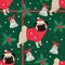 Merry Christmas Seamless pattern with the pugs Green background