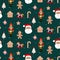Merry Christmas seamless pattern. Red and green joyful background with Santa, nutcracker and ginger toys.