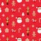 Merry Christmas seamless pattern. Red joyful background with Santa, nutcracker and ginger toys.