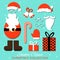 Merry Christmas. Set of various Santa hats, moustache, beards, gifts, boots, gloves and bells isolated on blue background.