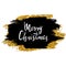 Merry Christmas sign. Hand drawn lettering. Golden glitter shiny and black ink brush stroke background.