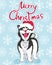 Merry christmas slogan greeting card with cute funny husky dog in santa hat on blue background with white snowflakes, editable