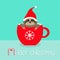 Merry Christmas. Sloth sitting in red coffee cup teacup. Santa hat. Face and hands. Cute cartoon character. Hello winter. Snowflak