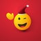 Merry Christmas! - Smiling and Winking Emoji with Red Santa Hat and Waving Hand - Simple Shiny Happy Emoticon on Red Background