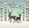 Merry christmas.Snow winter forest landscape with deers and birds, birch tree