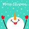 Merry Christmas. Snowman looking up, holding hands up, eating snow flake. Carrot nose. Happy New Year. Cute cartoon funny kawaii